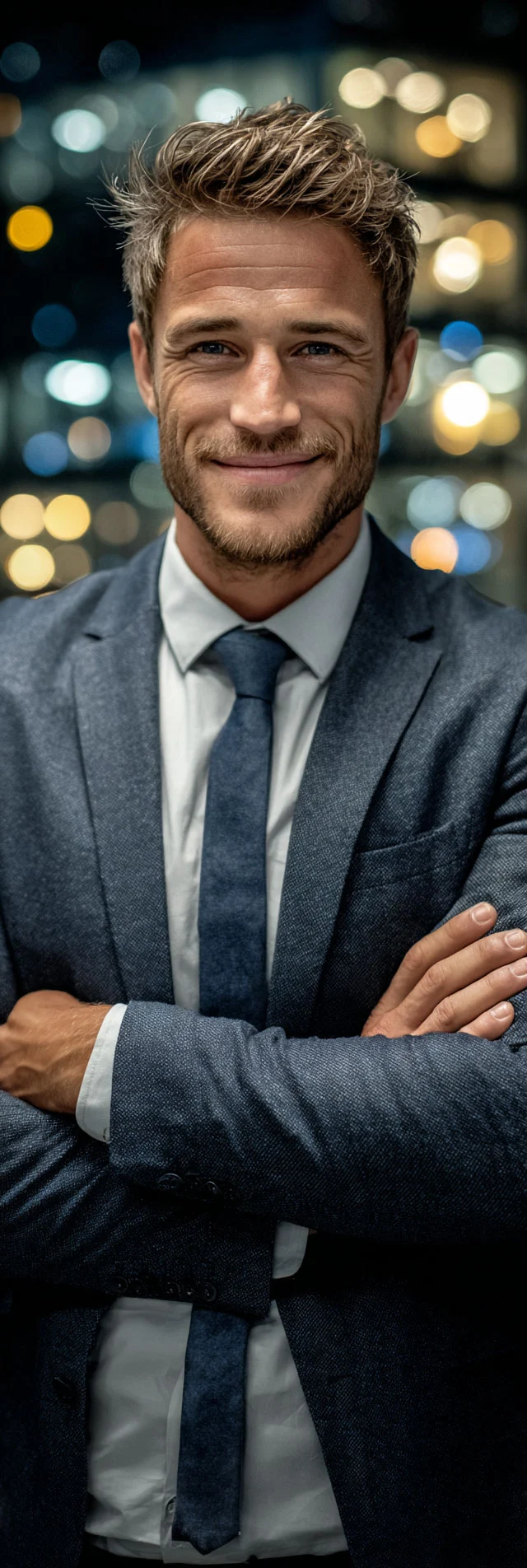 A confident young businessman aged 25-30, wearing an elegant blue suit and tie, stands in a powerful pose looking directly at the camera.